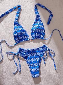 Swim Mod 2026 Spring/Summer Fashionable Printed Halter Backless Sexy Bikini 2 Pieces Swimwear Set For Women - Blue - View 4