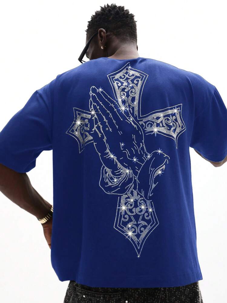 Koszulka męska Crop Fit z nadrukiem krzyża i kryształków, niebieska, bawełniana, z okrągłym dekoltem i krótkim rękawem, swobodna, letnia, uliczna