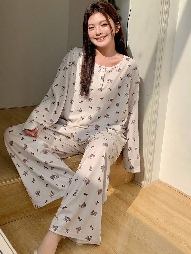 Dazy Plus 2pcs Cute Cartoon Print Loose Long Sleeve Top And Long Pants Pajama Set, Spring/Autumn