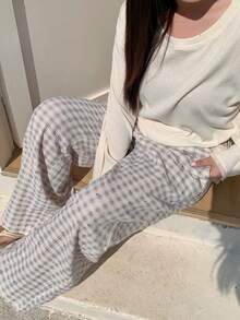Dazy Plus Pantalones de pijama de talla grande con estampado de cuadros y bolsillo con nudo - Albaricoque - Ver 8