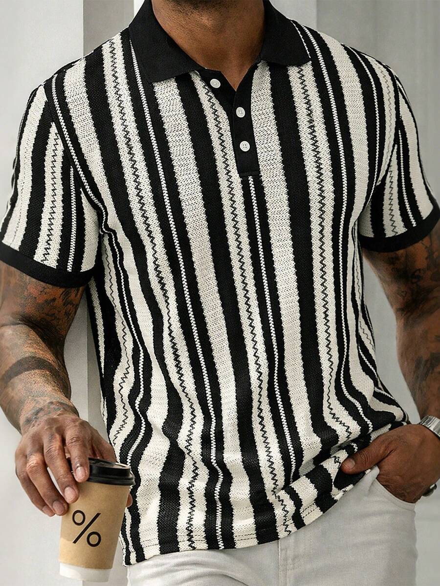 Manfinity CasualCool 男士休闲商务条纹Polo衫，适合日常通勤和休闲百搭穿着 - 黑色 - 查看 1