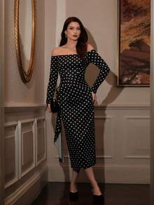 Seusyu Women's Polka Dot Print Off-Shoulder Long Sleeve Fitted Dress - Black - View 3