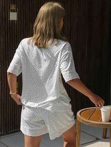 DAZY Women's Floral Embroidery Lace Patchwork Pajama Set, Summer - White - View 2