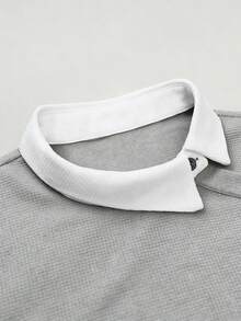 Manfinity Mode 男士撞色长袖休闲通勤百搭Polo衫 - 灰色 - 查看 5