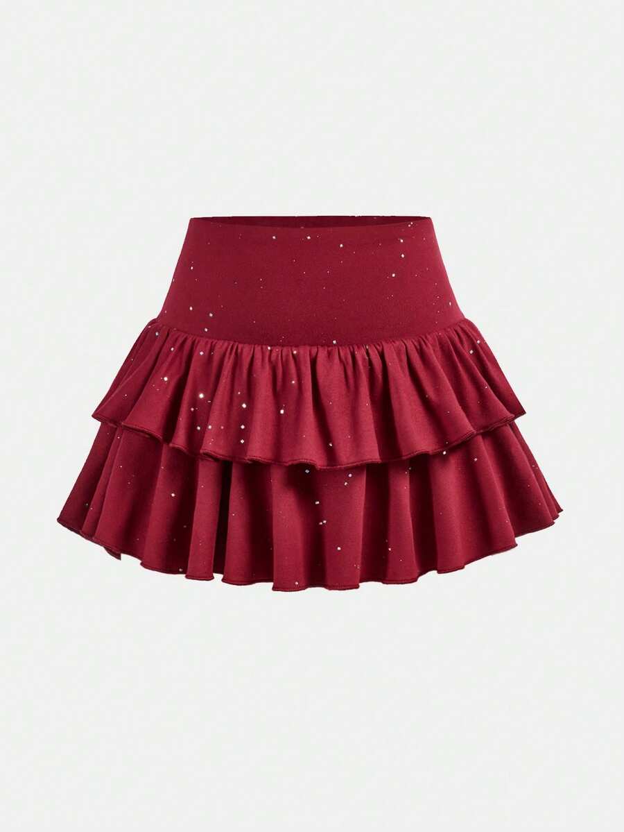 SHEIN 少女裙装 - 瑜伽、打底裤、休闲、运动、上学、返校、黑色衬裙双层荷叶边蛋糕裙迷你裙、春夏、清爽、基础款、日常、百搭、夏季运动时尚、返校季、校服 - 酒紅色 - 查看 1
