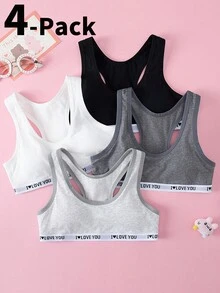4pcs Tween Girl Letter Jacquard Crew Neck Bralette Underwear, Solid Color - Multicolor - View 1