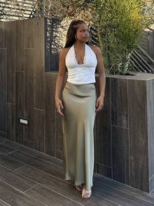 Tyla Gomez Se-Hore 时尚女式弹力缎面长裙，适合所有季节 - 墨綠色 - 查看 5