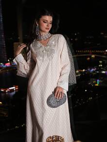 Layrah Loose Fit Long Sleeve Dress With Mesh Fabric, Butterfly Applique, Fashionable & Sweet - Baby Pink - View 4