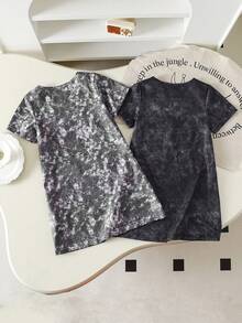 Vestido de verano para niñas jóvenes de moda con efecto desgastado, lazo y estampado de letras - Gris Claro - Ver 2