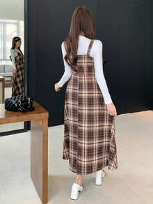 DAZY 优雅图案无袖美人鱼中长连衣裙，女士秋季吊带裙 - 棕色 - 查看 2