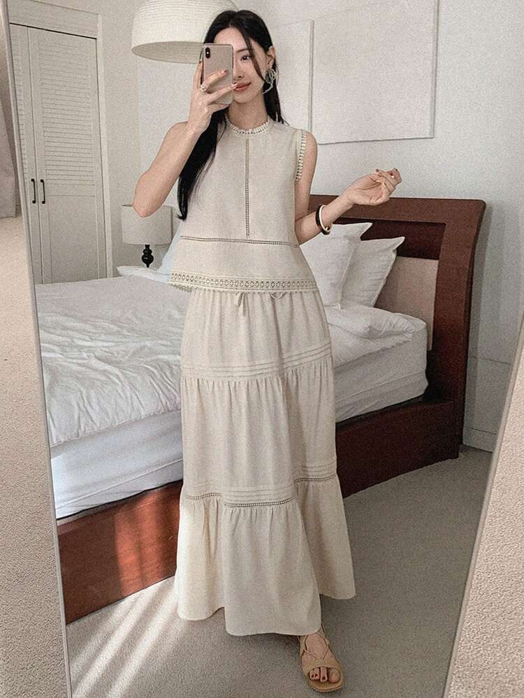 Women's Elegant Solid Color Splicing Ribbon Camisole And Ruffle Hem Skirt Set, Summer