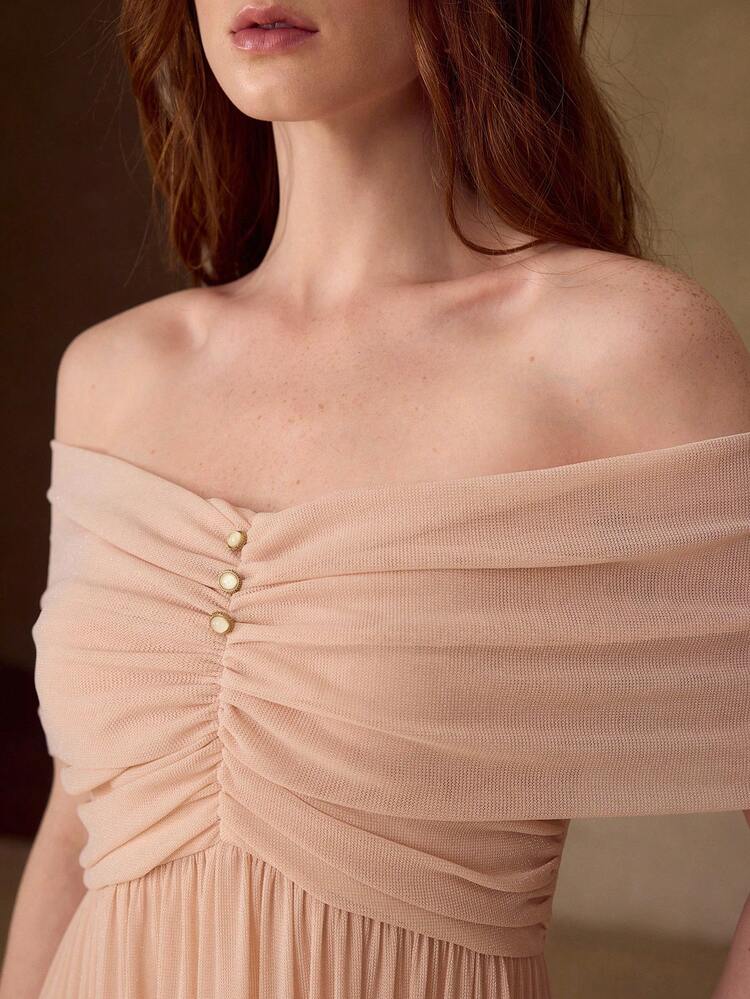 WOMEN'S OFF-SHOULDER RUCHED LONG DRESS, SPRING/SUMMER