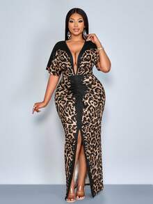 SOLERSUN 女士优雅豹纹开衩修身连衣裙，性感深V领，高腰印花蝙蝠袖连衣裙 - 棕色 - 查看 7