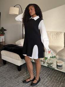 Tyla Gomez 2pcs/Set Spring White Lantern Sleeve Blouse & Loose Fit Open Front Knit Vest, Women Layered Outfit Fall Winter Cloth For Women - Black - View 4