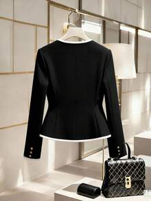 GlowEve CURVE 大码女式优雅纯色撞色长袖外套 - 黑色 - 查看 2