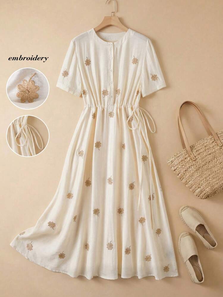 Plus Size Women Vacation Embroidered Button Half Placket Casual Dress