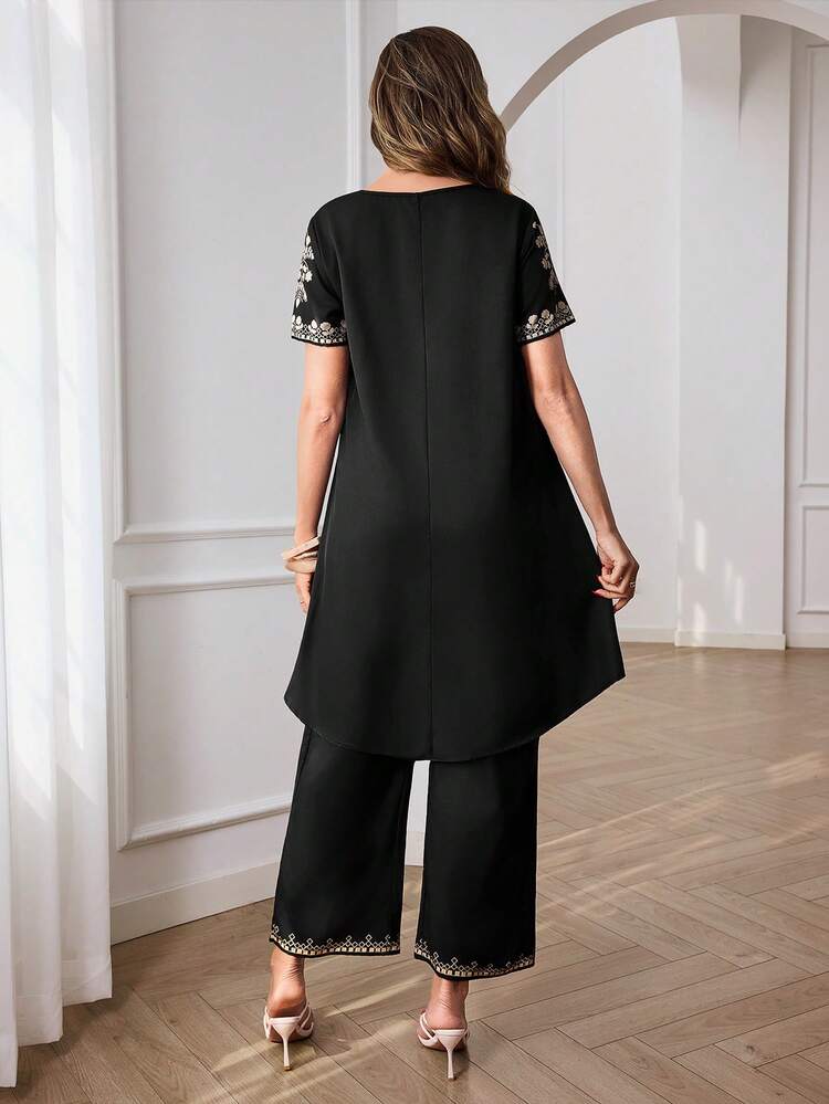 Luxury Black Lace Two-Piece Set For Women Summer Spring Outfit With Floral Lace Top And Wide Leg Pants, Perfect For Wedding Guest Party Prom
