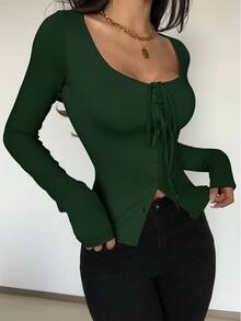 SHEIN Glamour Áo thun nữ dài tay ôm sát, màu trơn, chất liệu dệt kim, co giãn, cổ tròn, buộc dây, trang trí cúc, kiểu dáng gợi cảm, đa năng. - Màu xanh lá cây đậm - Xem 4
