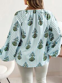 Vionelle Áo kiểu nữ cỡ lớn in hoa cổ chữ V, áo sơ mi rộng rãi kiểu boho tay phồng, áo nữ mùa hè, áo kiểu và áo sơ mi nữ, áo kiểu mùa hè - màu xanh lá - Xem 2