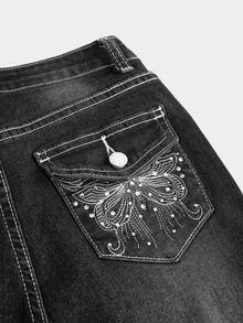 SHEIN Girlism Tween Girl Fashion Y2K Low Waist Vintage Rhinestone Butterfly Embroidered Denim Flare Leg Jeans, Fall Winter Back To School Emo Jeans Glitter Jeans Flare Jeans With Rhinestones Boot Cut Jeans With Rhinestones Rhinestone Jeans - Black - View 3