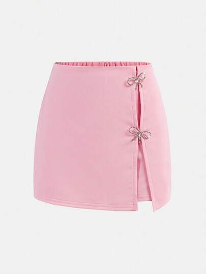 SHEIN Girlism Tween Girl Solid Color Bow Decor Skort, Versatile For Casual Daily Fashion, Suitable For Any Occasion