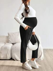 SHEIN Maternity Casual Solid Color Adjustable Waist Pants - Black - View 4