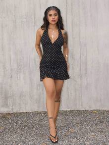 Rayane Ketlyn 深 V 领黑白波点休闲度假复古迷你连衣裙 - 黑色 - 查看 5