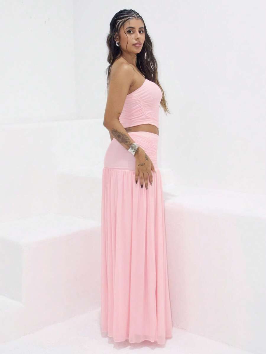 Rayane Ketlyn 2pcs/Set Women Summer Holiday Romantic Pink Mesh Bandeau Top And High Waist Pleated Mesh Maxi Skirt - Pink - View 1