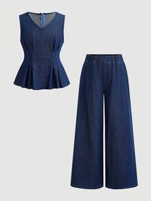 SHEIN 2Pcs Tween Girls Fashion Casual Y2k Vintage Cool Street Two Pieces Set Of Dark Blue Sleeveless Denim Top With A Cinched Waist And Pleated Design And Loose Jeans With Elastic Band Waist For Kids Clothes Tween Girls Dailywear And Kids Spring And Summer Rave Outfits Festival And Outfits Streetwear Clothes - Blue - View 6