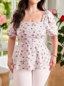 GlowEve CURVE 大码女式提花方领泡泡袖褶皱腰部荷叶边下摆碎花休闲优雅衬衫 - 粉色 - 查看 7