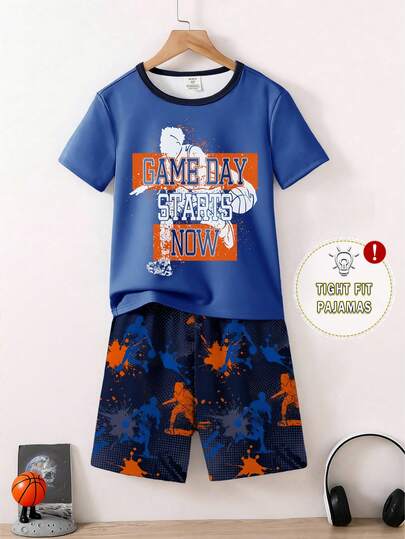 1set Boys Basketball Action Print Snug Fit Short Sleeve Top And Shorts Pajama Set, Fashionable And Cool For Spring/Summer