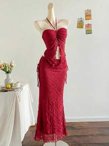 Soleia Women's Summer Beach Vacation Halter Top & Skirt 2 Pieces Set - Burgundy - View 6