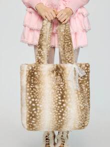 ROMWE Fairycore 1pc Women's High-Quality Deer Plush Large Capacity Shoulder Tote Bag With Bow Ribbon - Coffee Brown - View 5