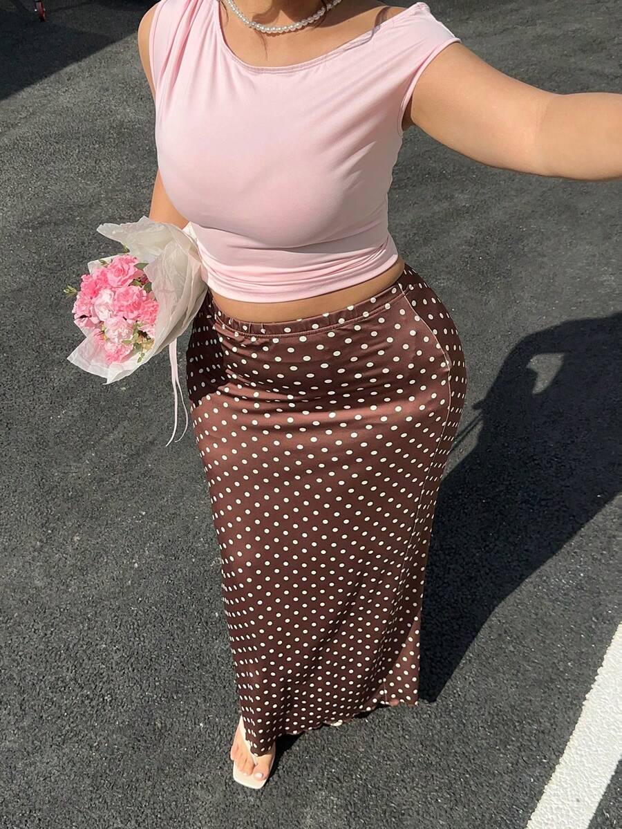 GalTyme Plus Size Elegant Polka Dot Print Fishtail Skirt, Suitable For Commuting - Brown - View 1