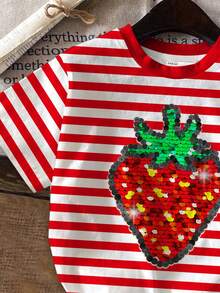 SHEIN 2pcs/Set Young Girl Casual Retro Striped Strawberry Embroidery Short Sleeve T-Shirt And Shorts, Suitable For Outing, Date, Valentine's Day, Sisters Matching, Back To School, Summer Strawberry Shirt Girls Red Striped Shirt Girls Girl Clothes Summer Summer Clothes Red Strawberry Shirt For Girls - Multicolor - View 6