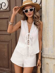 Pariaura Women's French Style Patchwork Hollow Out Embroidery Front Tie Blouse - White - View 2