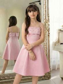 SHEIN Tween Girl Casual Everyday Sweet Pink Faux Pearl Embellished Dress, Suitable For Valentine's Day - Pink - View 5