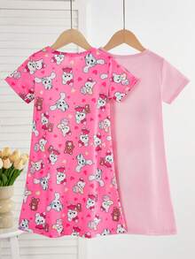 2pcs/Set Girls Cute Cartoon Sheep Print Nightgown Pajama Set, Minimalist Fashion Pink & Gray, Sleepwear Girls Pajama Dress - Pink - View 2