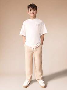 SUMWON Boys Linen Feel Pull On Elastic Waist Casual Summer Pants Beige Natural Fabric Comfortable Lightweight Drawstring Pants Daily Wear - Khaki - View 3