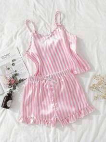 2件套女童优雅粉色条纹吊带背心和短裤休闲舒适睡衣套装 - 粉色 - 查看 1