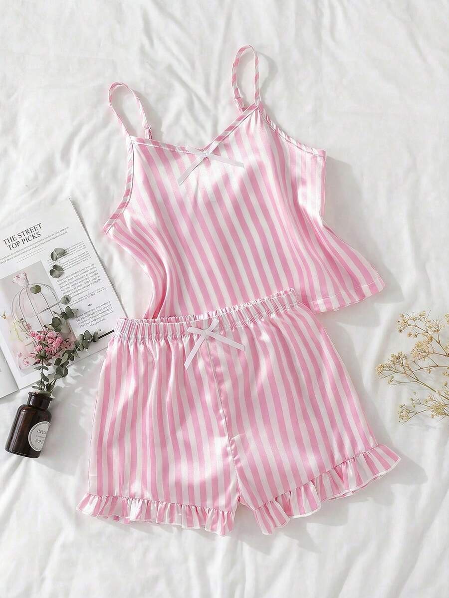 2件套女童优雅粉色条纹吊带背心和短裤休闲舒适睡衣套装 - 粉色 - 查看 1