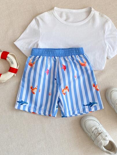 PrepCrw 1件装 男童优雅都市学院风蓝色条纹动物图案宽松短裤，适合海滩、泳池、度假、春夏季节穿着。