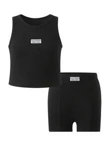 女童休闲度假黑色针织修身吊带背心，夏季细肩带上衣，柔软修身设计，适合度假、旅行、校园、日常穿着 - 黑色 - 查看 2