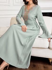 Yasmyna New Embroidered Cinched Waist Elegant Romantic Vacation Party Dress - Olive Green - View 1