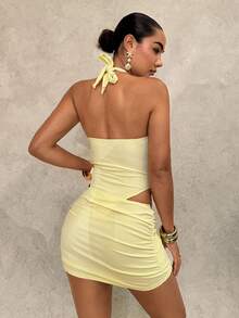 Shapewave Women's Backless Halter One-Piece Swimsuit With Sarong Skirt, Suitable For Beach Vacation - Light Yellow - View 2