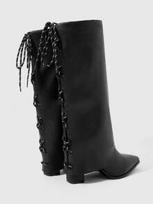 ROMWE Grunge Punk Women's Pointed Toe Lace-Up Design Fashionable Versatile High Heel Knee-High Boots - Black - View 3