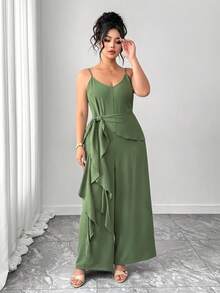 Elenzga 夏季新款百搭荷叶边女士连体裤，时尚优雅，适合度假穿着 - 軍綠色 - 查看 4