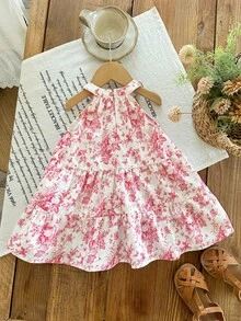 SHEIN 女嬰可愛白色與粉色花卉印花夏季洋裝，休閒無袖太陽裙，適合派對、婚禮、生日與日常穿著 - 粉色 - 查看 8