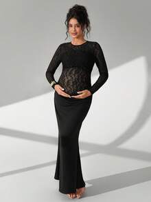 Cheriluna Maternity Solid Color Lace Long Sleeve Maxi Dress With Ruffle Mermaid Hem, Maternity Photoshoot Outfit - Black - View 7