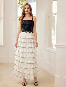 MOTF PREMIUM 女士刺绣收腰网纱连衣裙 - 黑與白 - 查看 6